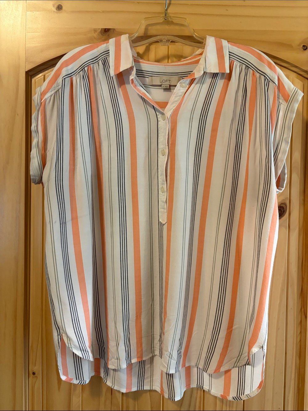 LOFT White Blouse with Coral and Navy Stripes